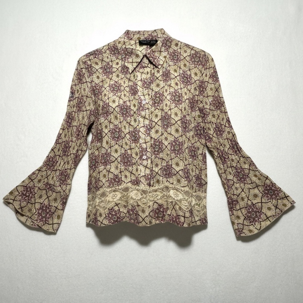 Tailor B. Moss Vintage Floral Bell Sleeve Lace Blouse Purple Boho Gothic Sz L
